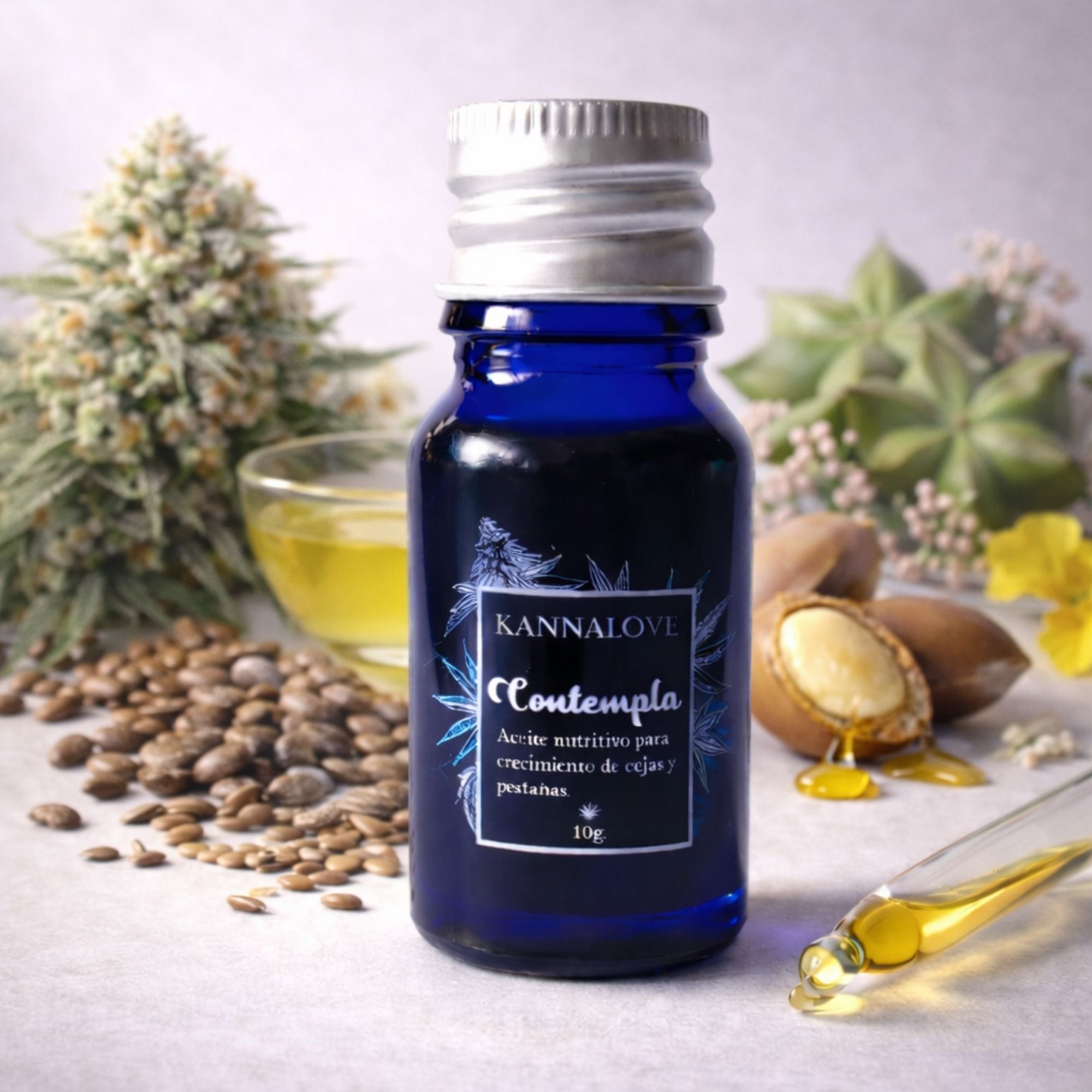 Aceite Contempla con infusión de CBD y mezcla de aceites vegetales como argán, ricino, sacha inchi y lino.