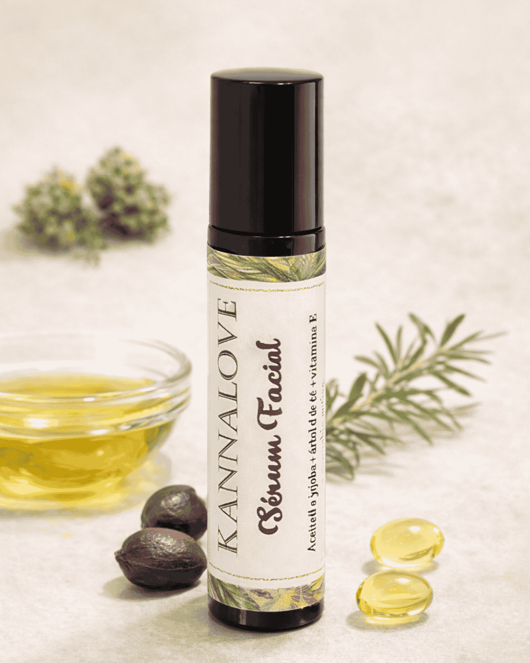 Roll-on de sérum facial Kannalove con aceite de jojoba infusionado con flores de CBD, árbol de té y vitamina E, aplicado sobre la piel para cuidado localizado.
