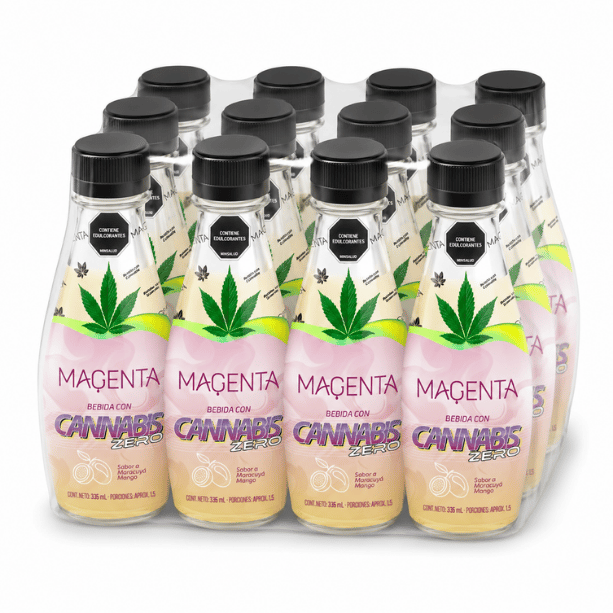 Pack X 12 Bebidas Magenta con Cannabis CBD Zero sabor maracuyá mango, innovadoras y sin azúcar.